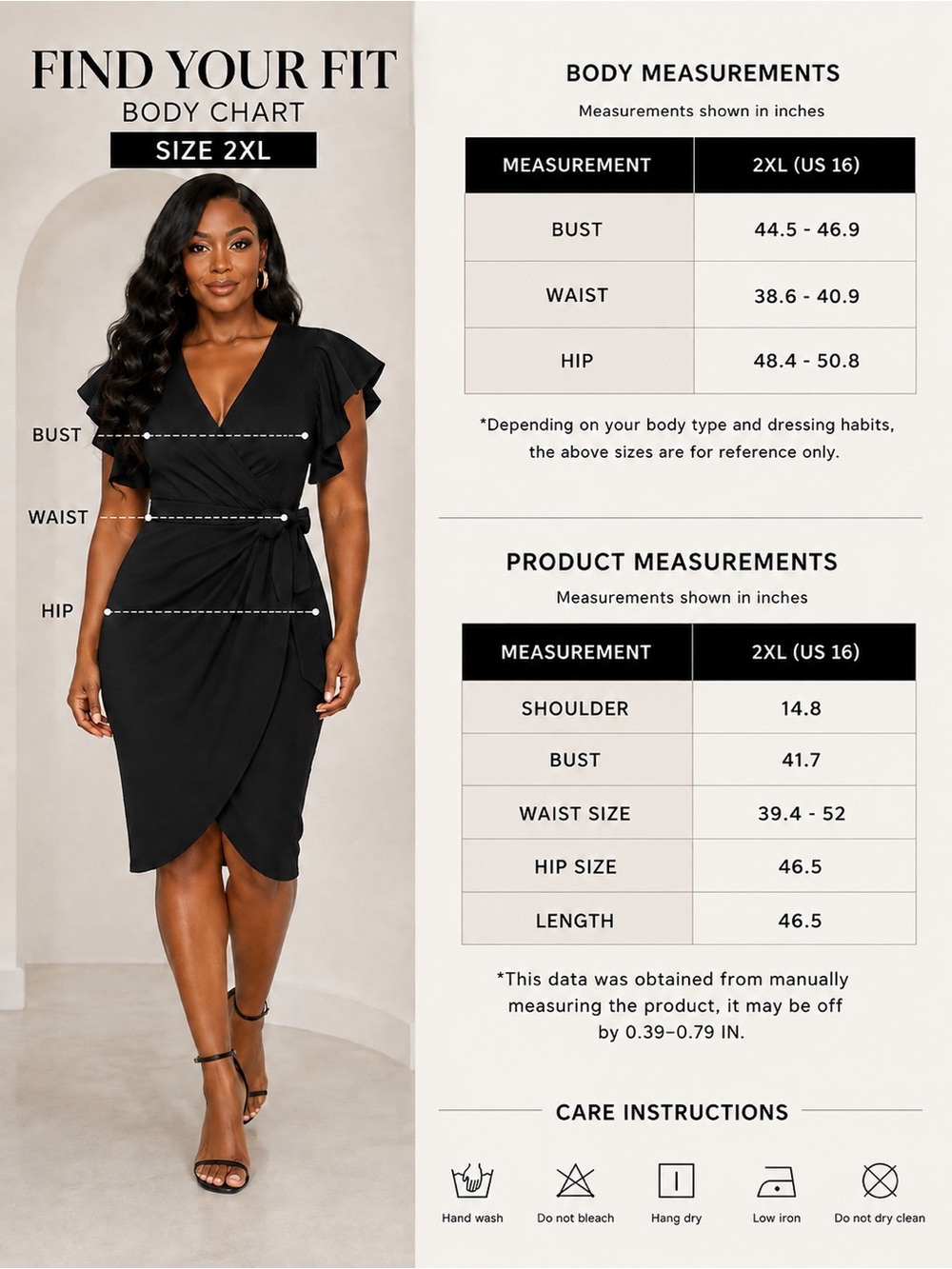 Plus Size Black Ruffle Sleeve V Neck Wrap Bodycon Dress - Picture 6 of 6